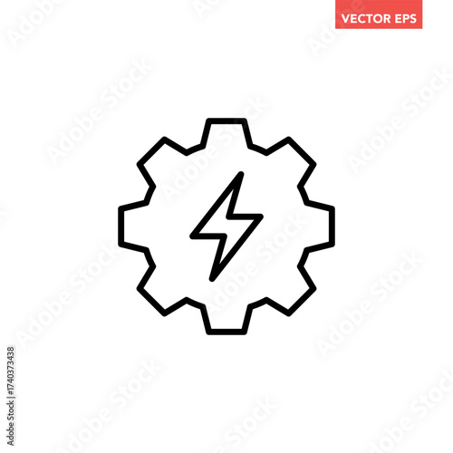 Black single energy gear line icon, simple cogwheel with lightning bolt flat design infographic pictogram vector for app logo web button ui  interface elements isolated on white background