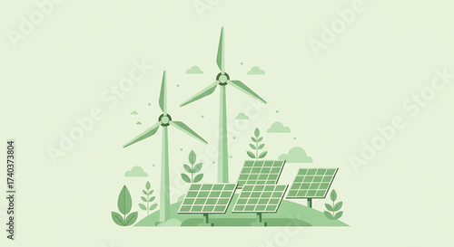Sustainable energy generation with wind turbines and solar panels in a natural setting