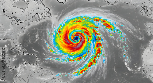 Fototapeta Naklejka Na Ścianę i Meble -  Intense superstorm viewed from space, an infrared satellite image showing the cyclonic rotation and powerful eye of a major hurricane