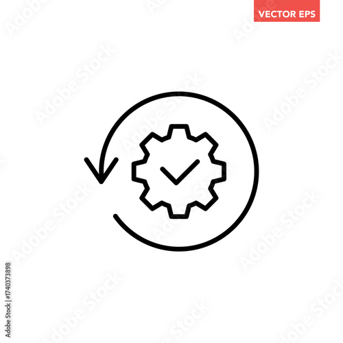 Black single round gear update confiremed line icon, simple cogwheel process flat design vector pictogram, infographic interface elements for app logo web button ui isolated on white background
