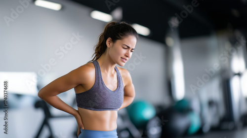 Female athlete grimacing from sharp back pain in gym, symbol of workout injury and physiotherapy need female athlete grimacing, sharp back pain, workout injury, gym training proble