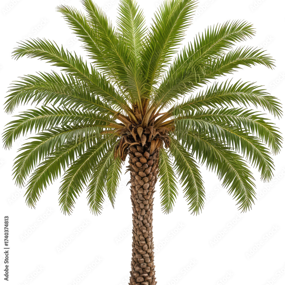 Obraz premium Tropical palm tree, vibrant green fronds, brown trunk against black background