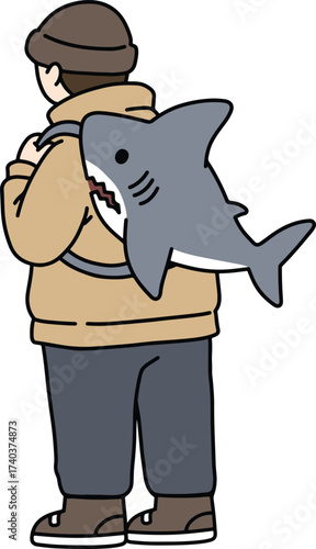 Person wearing a shark backpack