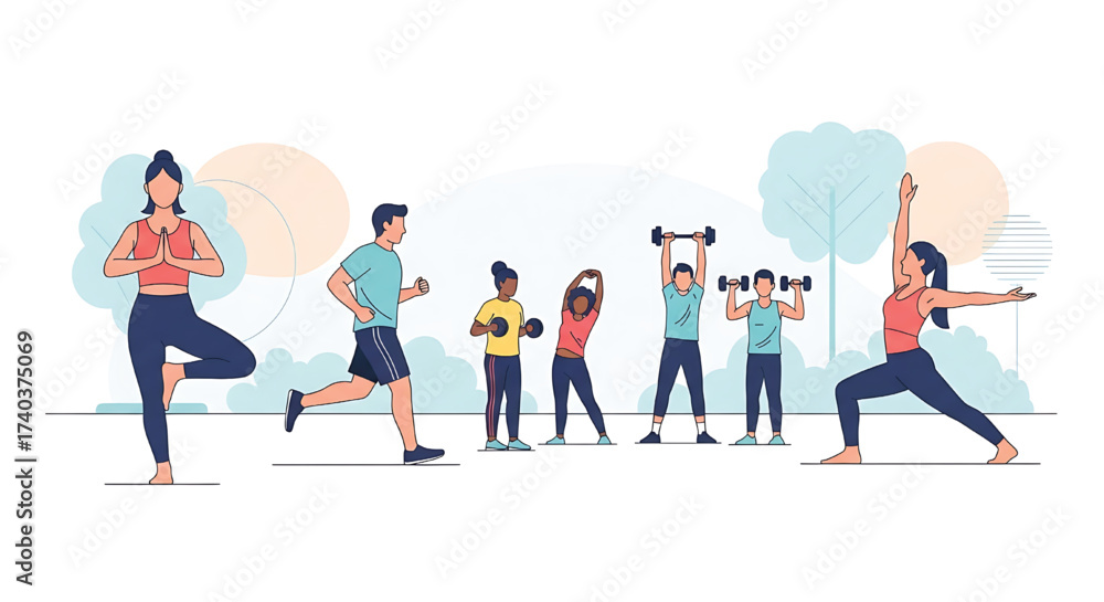 Obraz premium Engaging illustration of a diverse group of people performing various outdoor fitness activities like yoga, running, and strength training, promoting an active, healthy lifestyle