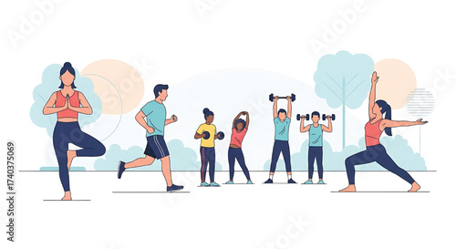 Engaging illustration of a diverse group of people performing various outdoor fitness activities like yoga, running, and strength training, promoting an active, healthy lifestyle