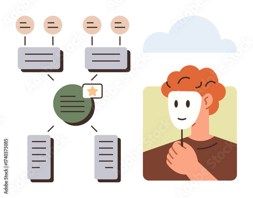 Flowchart with connected documents and central node plus person holding mask. Ideal for data flow, decision-making, identity, privacy, anonymity, communication, information management. Simple flat