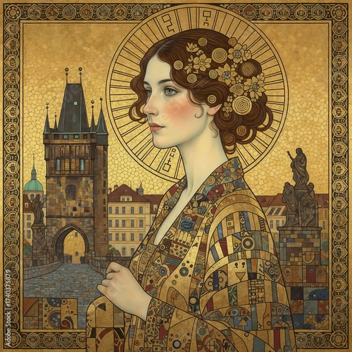 Stylized portrait of a woman in a golden dress with an iconic Prague background