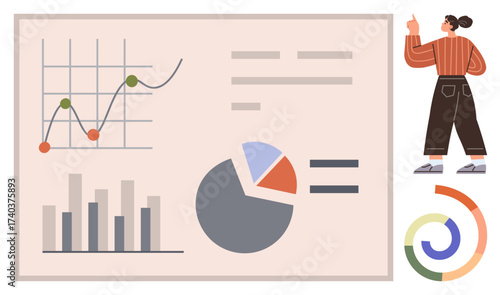 Person pointing at data visualizations, including a line graph, bar chart, pie chart, and circular infographic. Ideal for business analysis, education, strategy, teamwork planning statistics