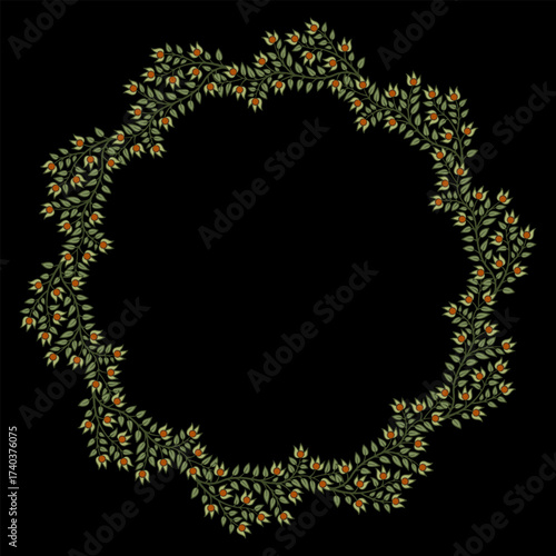 Circular border with floral motifs. Round frame with blooming branches. Folk style.