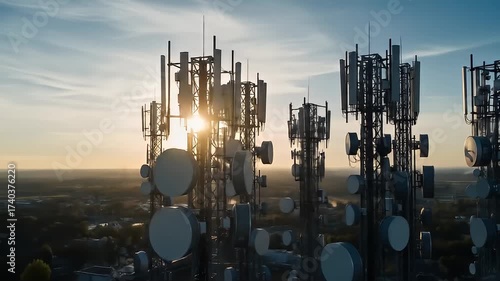 Cellular Communication Towers Silhouetted Against Sunset Sky Displaying Wireless Technology Infrastructure