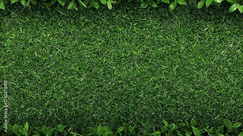 Artificial Green Grass Texture And Leafy Frame Border On Top And Bottom