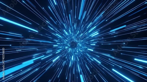 Dynamic Blue Light Tunnel with Lines and Motion Effect Against Black Background