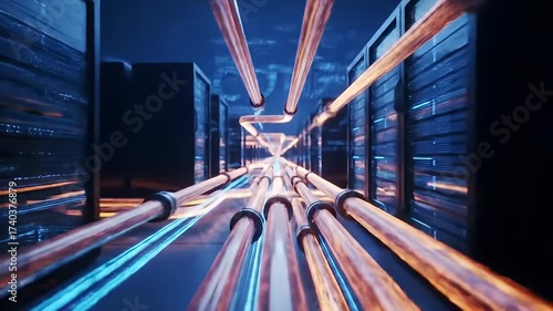 Digital Data Center with Blue and Orange Lines Creating Futuristic Environment