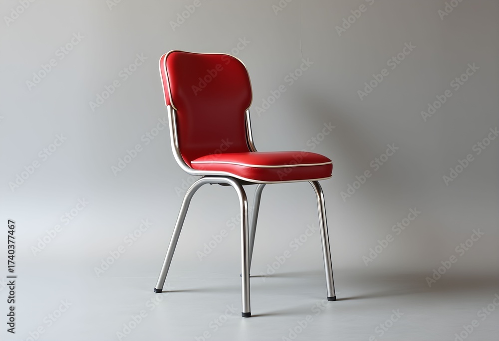 Obraz premium Red chair with metal legs standing alone on a gray floor against a plain wall viewed from the side