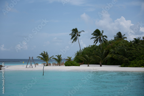 Maldives tropical resort island with swing and palm trees on white sandy beach