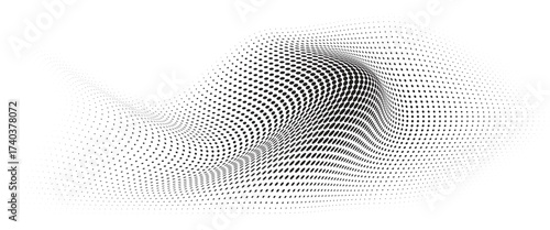 Flowing Wave Dot Halftone Pattern: Curve Gradient Shape on Transparent Background. Suitable for AI, Tech, Network, Digital, Science, and Technology Themes.