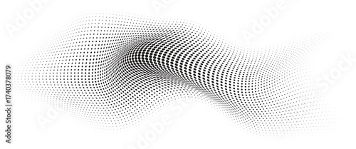 Flowing Wave Dot Halftone Pattern: Curve Gradient Shape on Transparent Background. Suitable for AI, Tech, Network, Digital, Science, and Technology Themes.