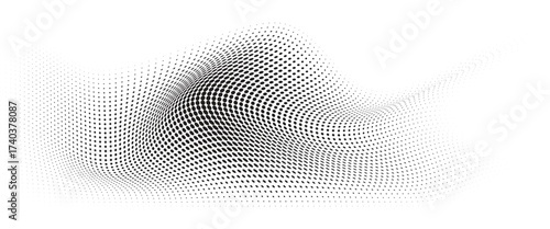 Flowing Wave Dot Halftone Pattern: Curve Gradient Shape on Transparent Background. Suitable for AI, Tech, Network, Digital, Science, and Technology Themes.