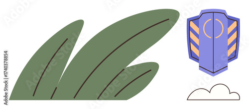 Abstract shield with leaf blades and a small cloud, emphasizing protection, sustainability, nature, and eco-friendly concepts. Ideal for environment, safety, growth, conservation defense