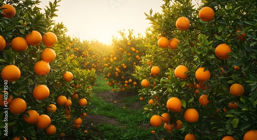 Orange Orchard at Sunset: Rows of Fruit Trees