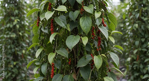 Black Pepper Plant with Green and Red Peppercorns