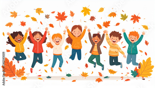 Children Jumping in Autumn Leaves
