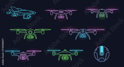 Drone Technology A Neon-Style Collection of Various Drone Designs and a Remote Control