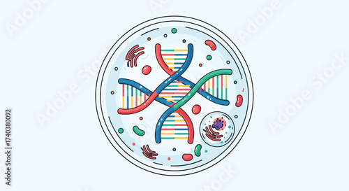 Colorful Illustration of DNA strands and cell elements within a petri dish on a light background