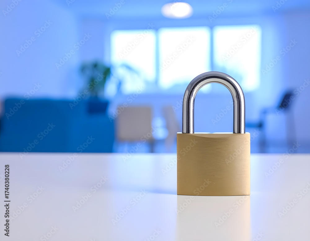 Fototapeta premium Gold padlock on a white table in a brightly lit room