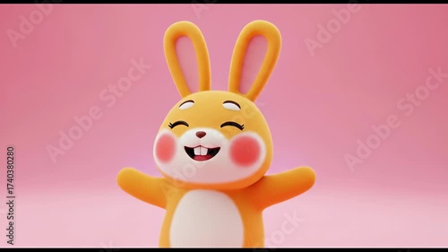 Happy cartoon bunny with open arms against a pink background.