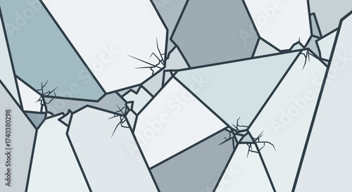 Abstract illustration of fractured polygonal shapes with cracks, in shades of gray and white, creating a geometric pattern.