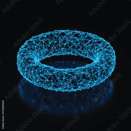 A blue neon torus shape made of connected nodes and lines on a black background with reflection