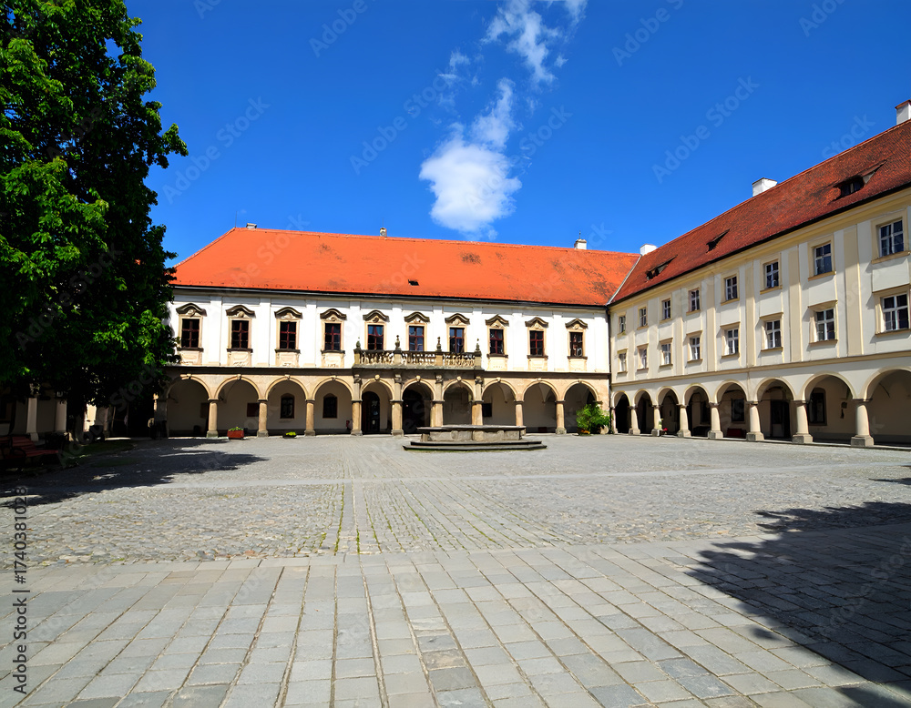 Fototapeta premium Palace Building Exterior with Sunny Blue Sky and Courtyard