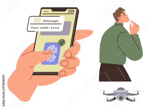 Hand verifying code and fingerprint on smartphone, man pondering, and quadcopter flying below. Ideal for security, technology, innovation, decision-making, data remote control connectivity. Simple