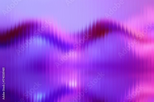 Neon ribbed fractal glass 3D background. Holographic vertical stripe pattern with vibrant purple blue yellow gradient. Abstract black bg, iridescent texture lines in radiant colors. 3D illustration