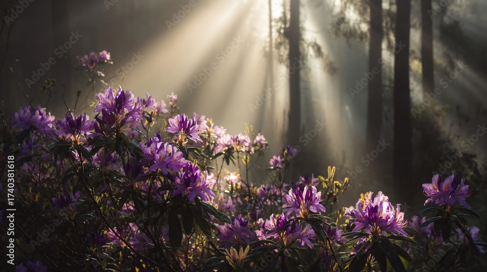 Naklejka premium Sunbeams through trees, flowers in foreground, misty atmosphere