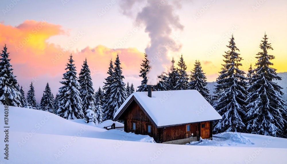 Naklejka premium Winter Cabin in Snowy Landscape at Sunset with Smoke Rising