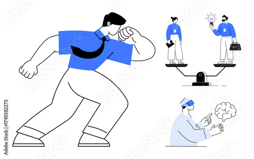 Giant corporate leader in motion, business scale with two professionals, and VR user exploring ideas. Ideal for innovation, leadership, technology, decision-making, collaboration, creativity