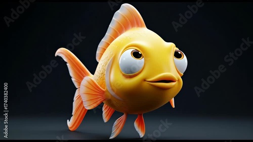 A vibrant, cartoonish goldfish with large eyes and orange fins, rendered in a digital art style.