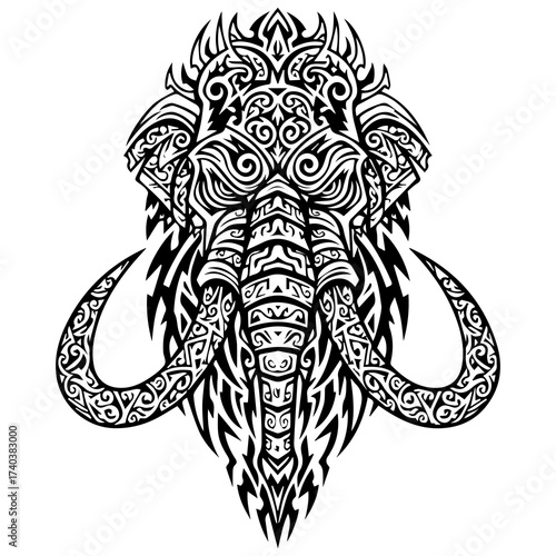 Intricate Tribal Mammoth Head Illustration – Black and White Symmetrical Design