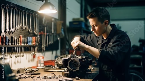Mechanic Working on Engine in Workshop Focused on Repairing Equipment with Various Tools