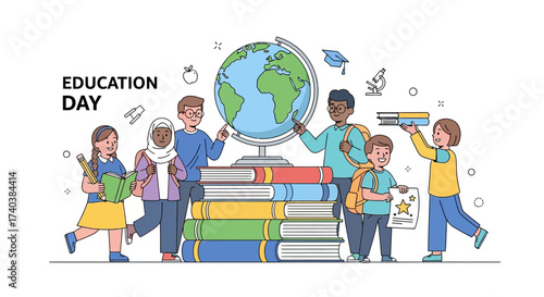 Education Day (books, globe, students). Holidays time. Back to school, Study, Learning, Knowledge and Education vector concept