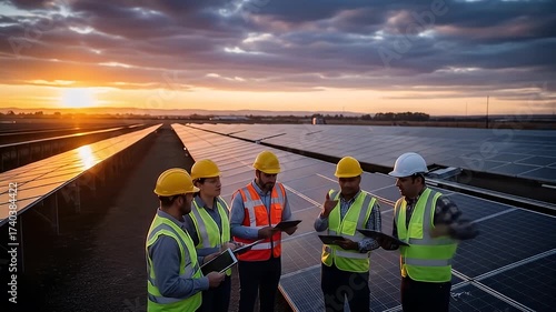 Group Of Engineers Examining Solar Panels At Sunset With Safety Vests And Hard Hats