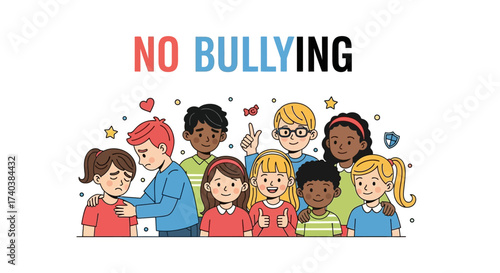 Anti bullying campaign for school poster flat vector template. Brochure, booklet one page concept design with cartoon characters. Teen harassment prevention flyer, leaflet with copy space