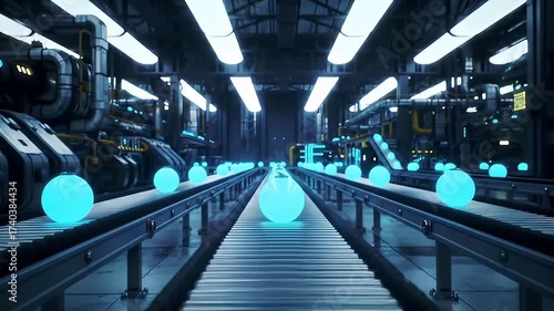 Futuristic Factory Interior with Blue Spheres on Conveyor Belts Under Bright Overhead Lights