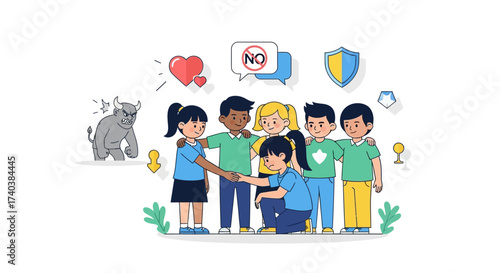 Anti bullying campaign for school poster flat vector template. Brochure, booklet one page concept design with cartoon characters. Teen harassment prevention flyer, leaflet with copy space