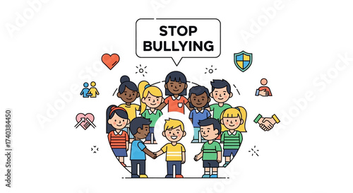 Anti bullying campaign for school poster flat vector template. Brochure, booklet one page concept design with cartoon characters. Teen harassment prevention flyer, leaflet with copy space