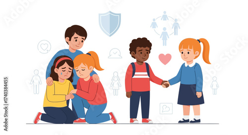 Anti bullying campaign for school poster flat vector template. Brochure, booklet one page concept design with cartoon characters. Teen harassment prevention flyer, leaflet with copy space