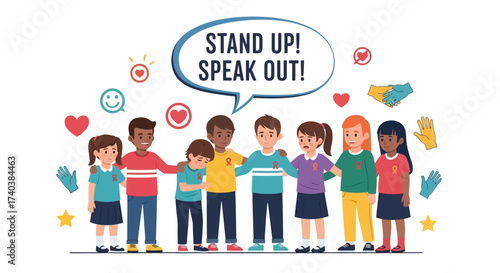 Anti bullying campaign for school poster flat vector template. Brochure, booklet one page concept design with cartoon characters. Teen harassment prevention flyer, leaflet with copy space