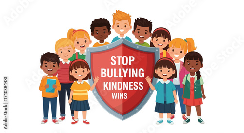 Anti bullying campaign for school poster flat vector template. Brochure, booklet one page concept design with cartoon characters. Teen harassment prevention flyer, leaflet with copy space